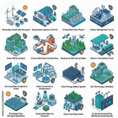 Set of isometric illustrations depicting various sustainable and eco-friendly technologies and facilities for a greener future.