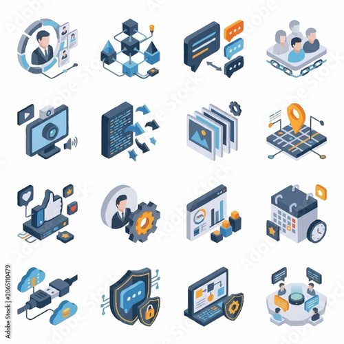 Isometric icons set of digital technology, business, social media, and data security concepts.