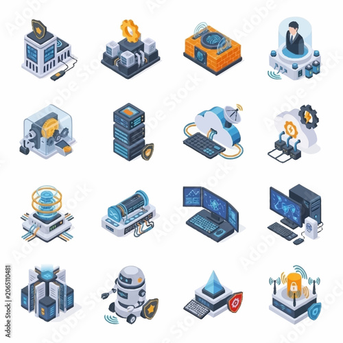 Isometric icons depicting various aspects of data security, cloud computing, and network infrastructure.