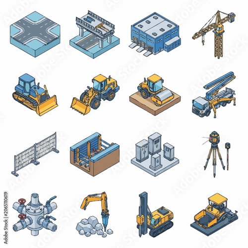 Isometric construction site elements set with road building and industrial equipment isolated vector illustration.