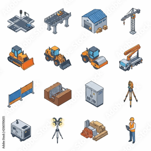 Isometric construction site elements set with road building machines and industrial equipment isolated vector illustration.