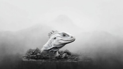 Black and white lizard emerging from mist, mountains in background