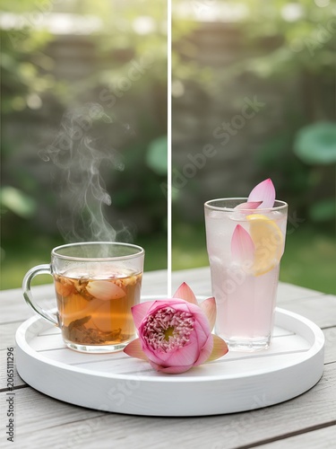 A stunning, high-utility commercial photograph showcasing a holistic wellness beverage experience set against a lush, soft-focus garden background. The composition features a dual concept.