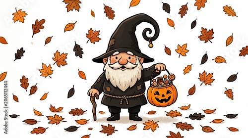 Halloween day celebration with a smiling wizard holding a pumpkin bucket