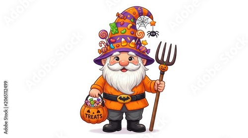 Halloween day celebration gnome with candy and pumpkin bucket