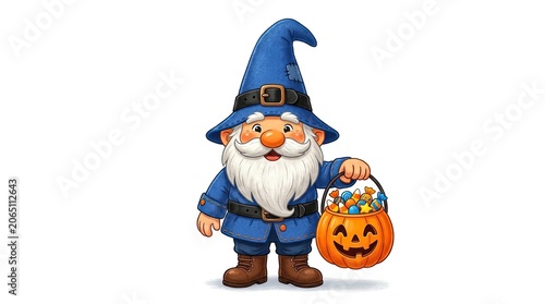 Halloween gnome character with pumpkin bucket on a spooky night