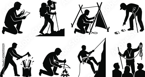 Bild auf Leinwand Outdoor Survival and Adventure Skills Silhouette Collection Featuring Camping Hi