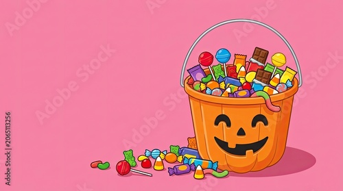 Halloween day celebration overflowing pumpkin bucket with assorted candies and sweets for festive occasions