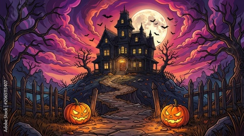 Spooky halloween night with haunted house jack o lanterns and bats on a full moon evening