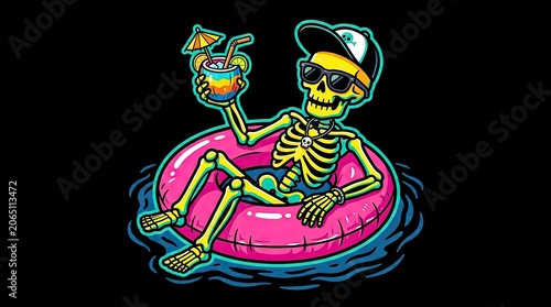 Halloween day celebration with a relaxing skeleton on a pink float