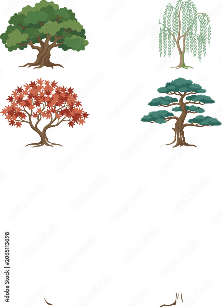 Fototapeta premium Various Tree Types Vector Illustration Set Featuring Oak, Weeping Willow, Red Japanese Maple, and Bonsai Pines for Landscape Design and Botanical Nature Graphics