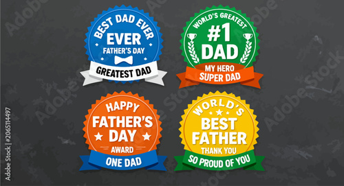 Set of Colorful Celebration Badges and Decorative Award Ribbons for Fathers Day Holiday Appreciation