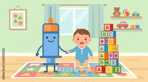 a cartoon boy and a blue marker in a playroom with blocks and toys.