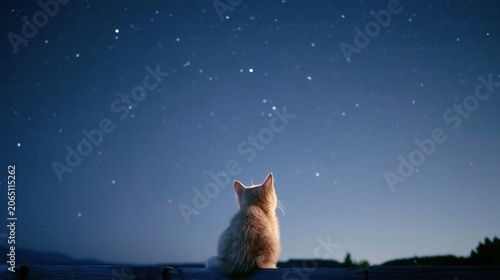 Small cute kitten sitting and looking up at the starry night sky