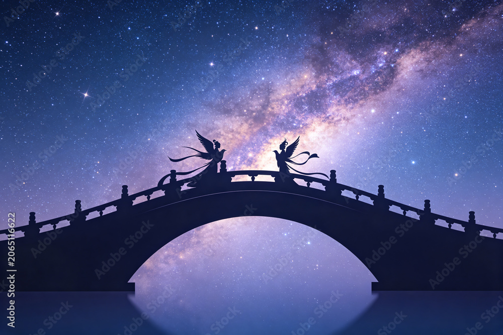 Naklejka premium Magpie Bridge Silhouette Under Galaxy Qixi Valentine Romantic Artistic Dreamy