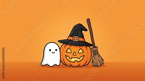 Halloween day celebration with smiling ghost jack o lantern and broom