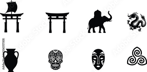 Schilderij op canvas World Culture Silhouette Collection with Asian Symbols Masks Dragon and Elephant