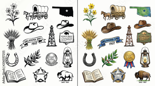 Quadro su tela Collection of Oklahoma State Symbols and Icons, including historical and cultural elements