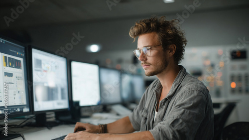 Man analyst computer monitor dashboard data office technology, focused man studying energy data dashboard on monitor in modern control room
