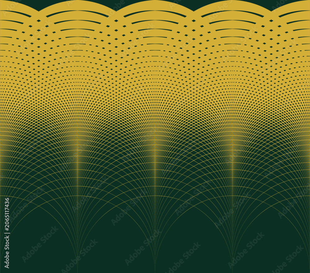 Obraz premium Op-art vector pattern of repeating arched moiré curves converging at multiple points, transitioning from solid gold diamond shapes at the top to fine line mesh on dark green at the bottom.
