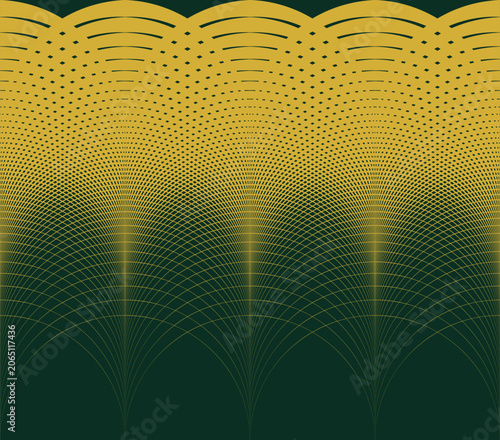 Op-art vector pattern of repeating arched moiré curves converging at multiple points, transitioning from solid gold diamond shapes at the top to fine line mesh on dark green at the bottom.