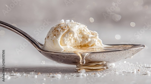 A spoonful of white granulated sugar with a drizzle of honey.