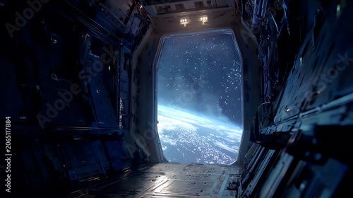 View of Earth from Inside a Futuristic Space Station Portal.