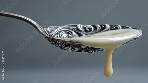 Close up of thick sweet condensed milk dripping from a decorative vintage silver spoon.