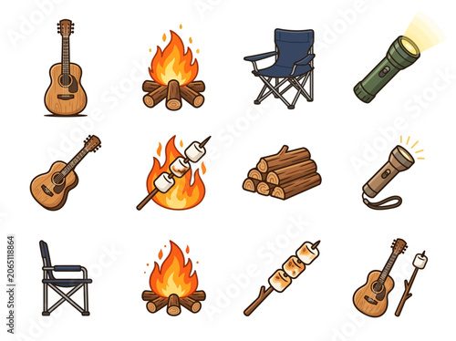 Camping Gear Illustration Set with Campfire, Guitar, and Flashlight Icons