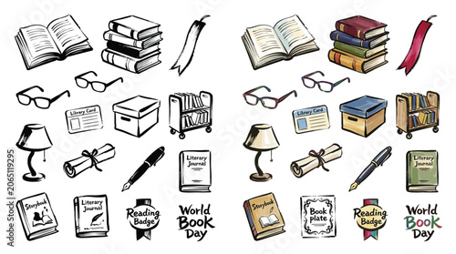 Fotografie Collection of hand-drawn illustrations representing books, reading, and learning, perfect for World Book Day