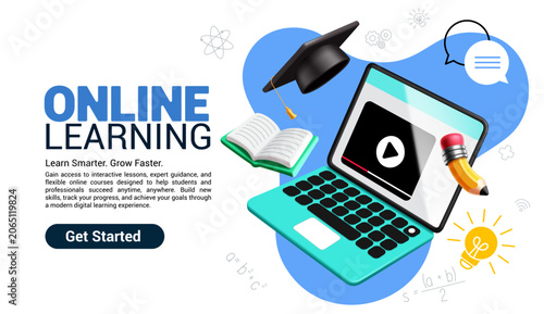Online Learning Digital Education Clipart Banner. Online learning design featuring a laptop with video lesson, graduation cap, open book, pencil and educational icons on modern clip art background 