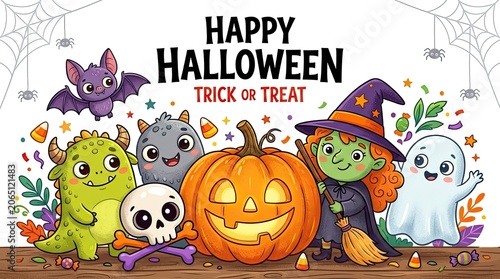 Happy halloween day celebration trick or treat cartoon characters