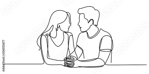 Bild auf Leinwand Continuous single line drawing of a young couple holding hands and looking at ea
