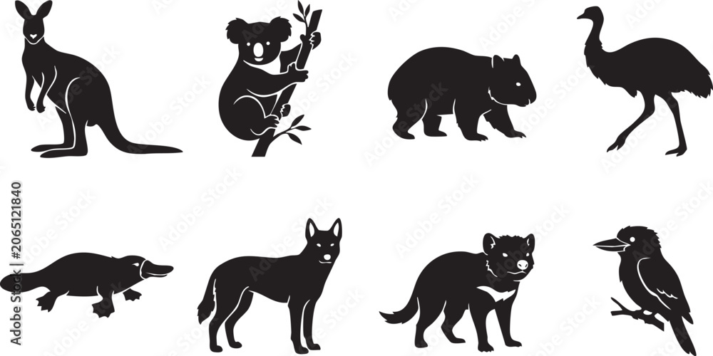 Fototapeta premium Australian wildlife silhouette vector collection isolated on white background.
