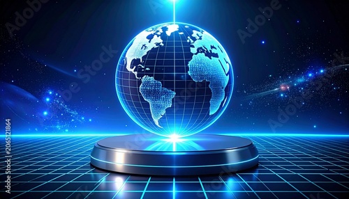 Futuristic holographic globe on metallic pedestal with blue grid lines, symbolizing global connectivity, technology, and innovation in digital design.