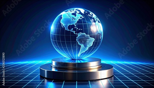 Futuristic holographic globe on metallic pedestal with blue grid lines, symbolizing global connectivity, technology, and innovation in digital design.