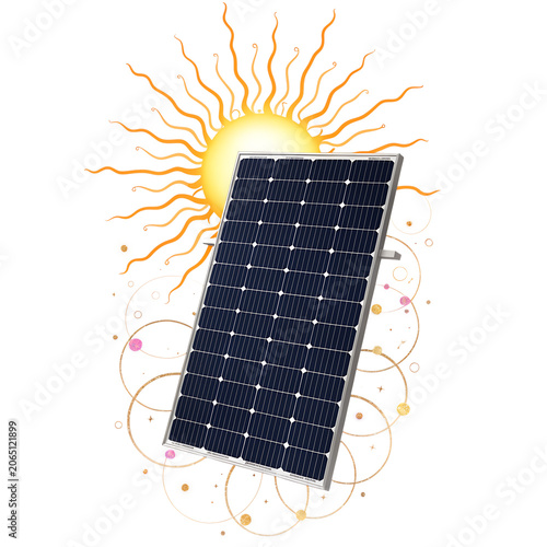 Solar Panel with Bright Sun Illustration  Renewable Energy and Clean Power Concept on transparent background.