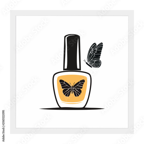 Orange nail polish bottle with butterfly illustration