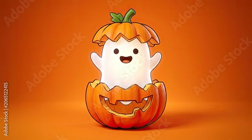 Charming halloween day celebration ghost emerging from jack o' lantern festive orange background