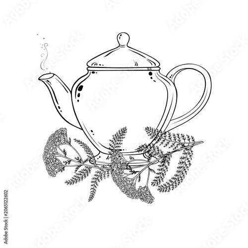 Yarroiw Tea in Teapot aroma beverage Outline Illustration. Vector isolated for Design and Decoration for Cafeteria, Posters, Banners, Cards.
