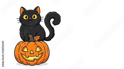 Halloween day celebration with black cat sitting on a smiling jack o'lantern