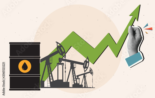 Silhouettes of oil barrels and pumping units against an upward arrow. Concept of rising oil prices. Modern photo collage style. Vector illustration