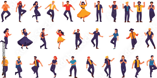 Flat vector characters dancing and celebrating, diverse group of people in party poses, collection of 30 active human figures for event design