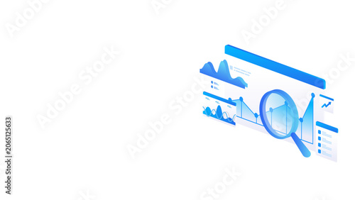 Isometric stock market dashboard data analysis with magnifying glass, charts, and data financial insight in blue digital style.