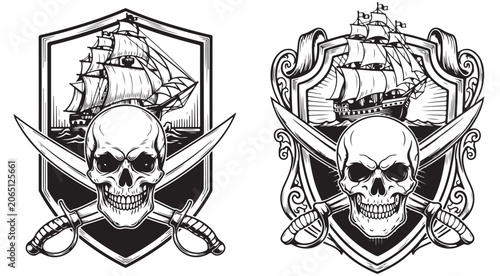 Quadro su tela Pirate skull and crossed cutlasses emblem with sailing ship on shield vector ill
