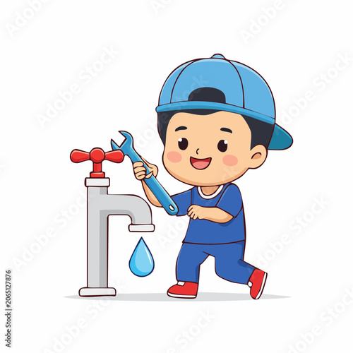 Cartoon Plumber Boy Fixing Faucet with Wrench
