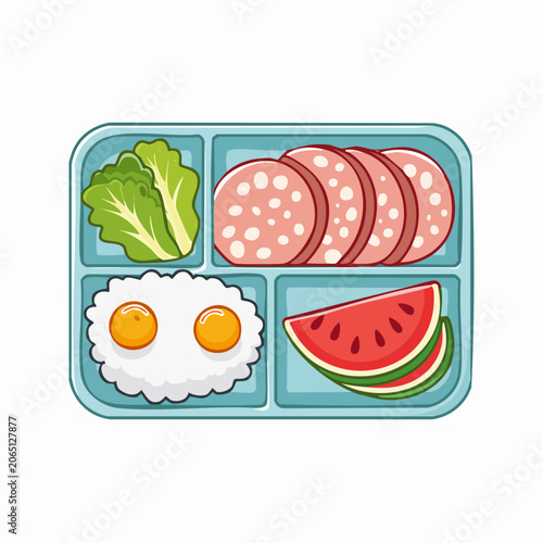 Cartoon Bento Box Lunch with Fried Eggs, Salami, Lettuce, and Watermelon