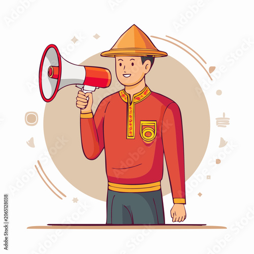 Man in Traditional Clothing Holding a Megaphone