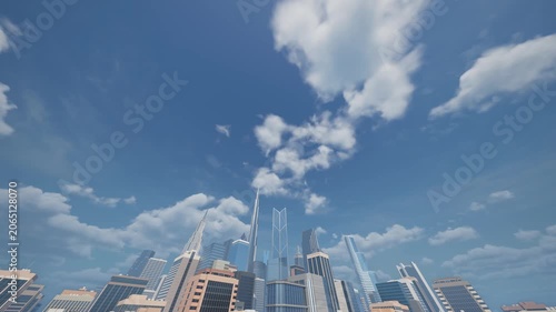 Modern architecture, urban landscape. Slow motion shooting against a blue sky. Skyscrapers and the movement of clouds.
