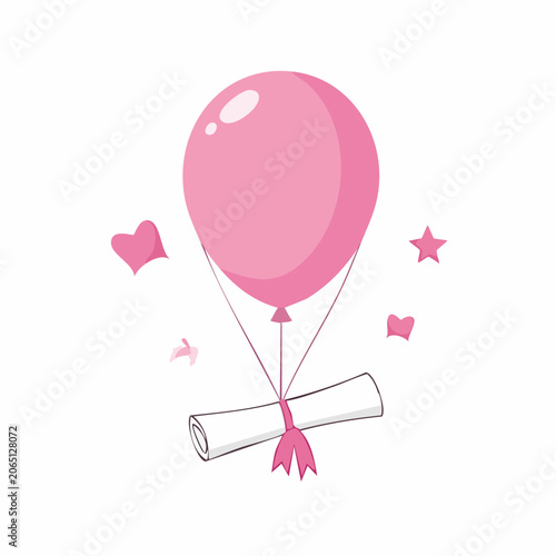 Pink Balloon Carrying a Graduation Diploma with Hearts and Stars